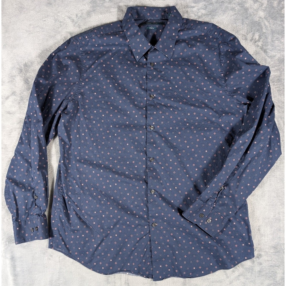 Perry Ellis Mens XL Navy Blue Geometric Floral Print Stretch Button Down Shirt